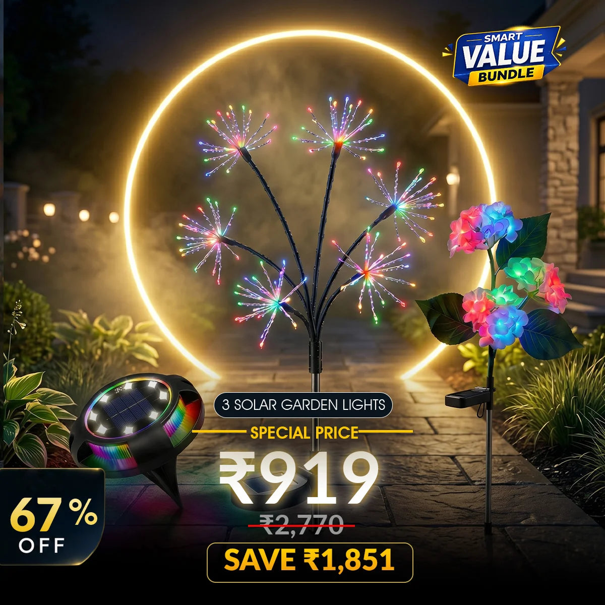Solar garden lights with colorful flowers and a circular light in a garden setting, featuring a promotional banner.