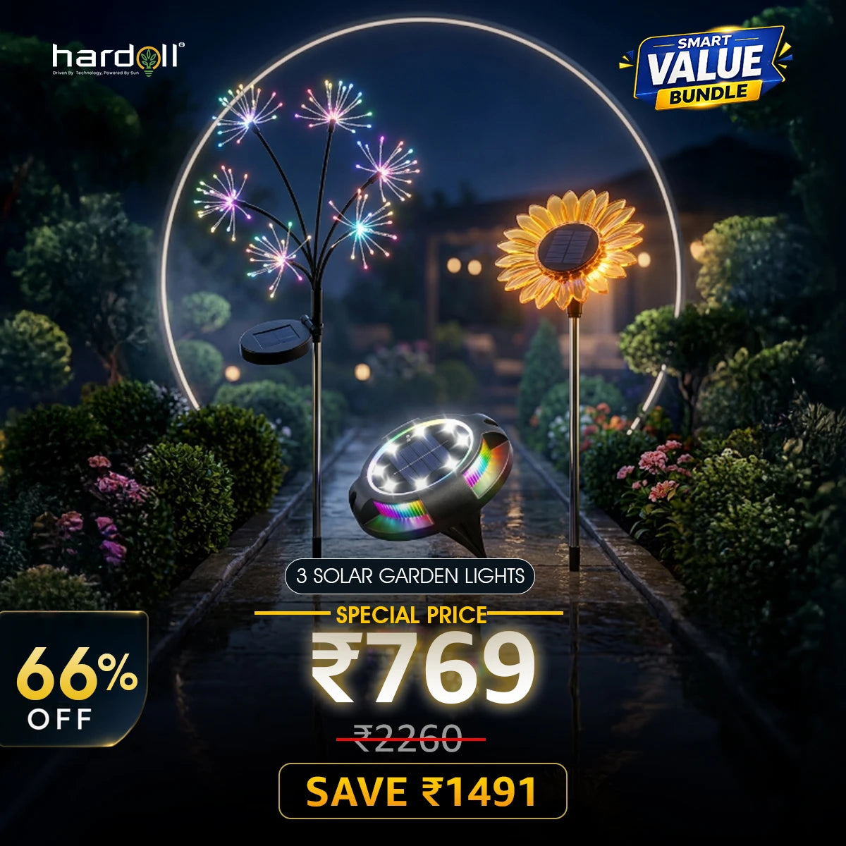 Solar garden lights on a pathway with promotional text and hardoll branding.
