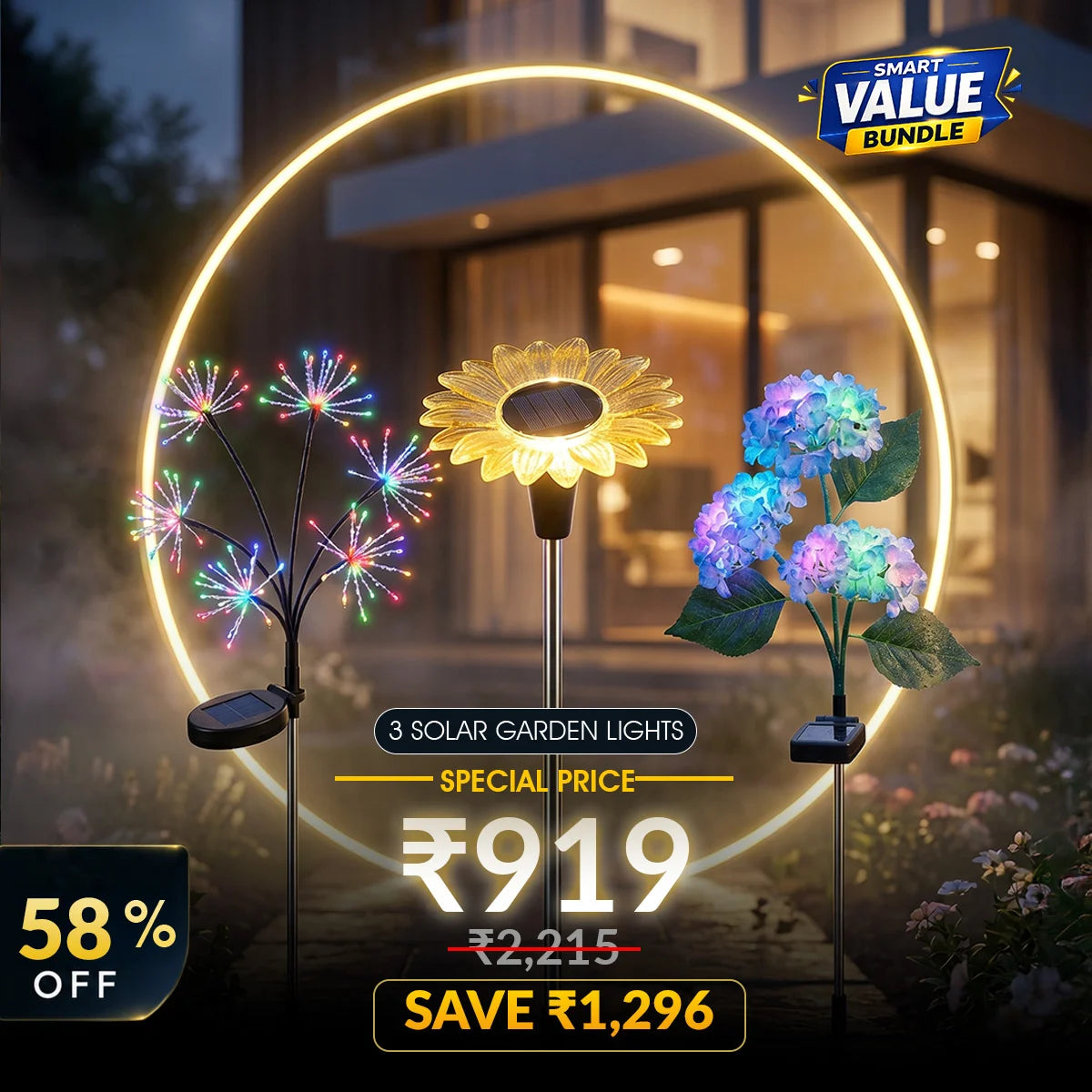 Solar garden lights with colorful flowers and fireworks in front of a building at night.