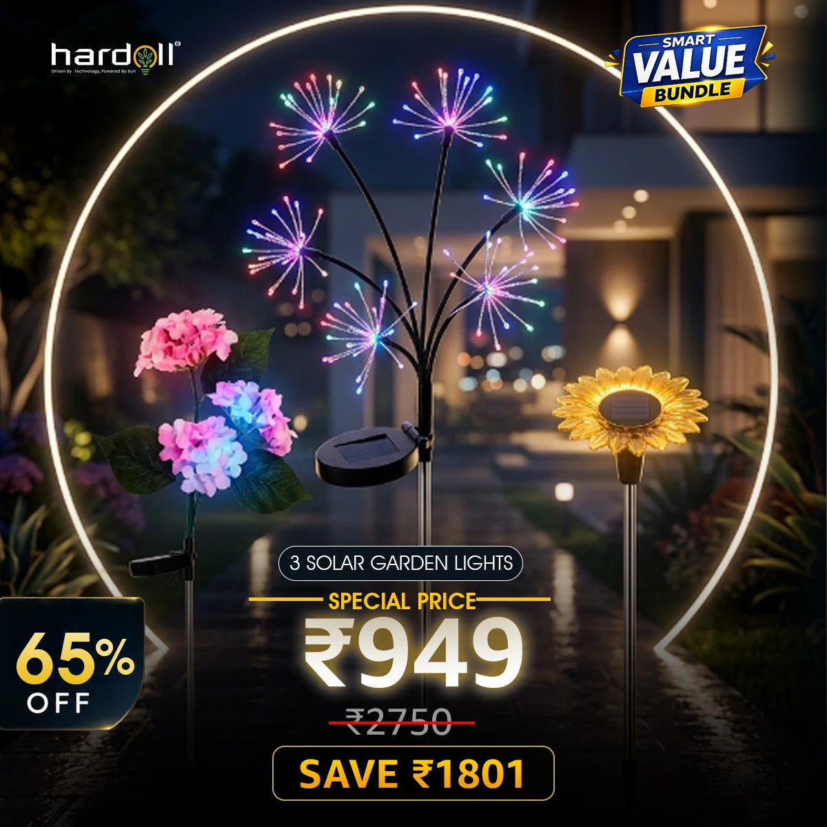 Solar garden lights with colorful flowers and a discount offer on a dark background