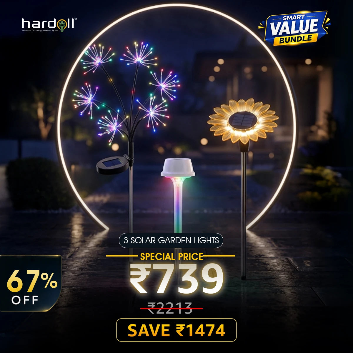 Solar garden lights with colorful flowers and a sunflower design, displayed with promotional text on a dark background.