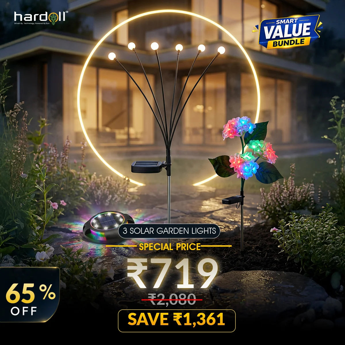 Solar garden lights with decorative elements in a garden setting, featuring Hardoll branding and promotional text.