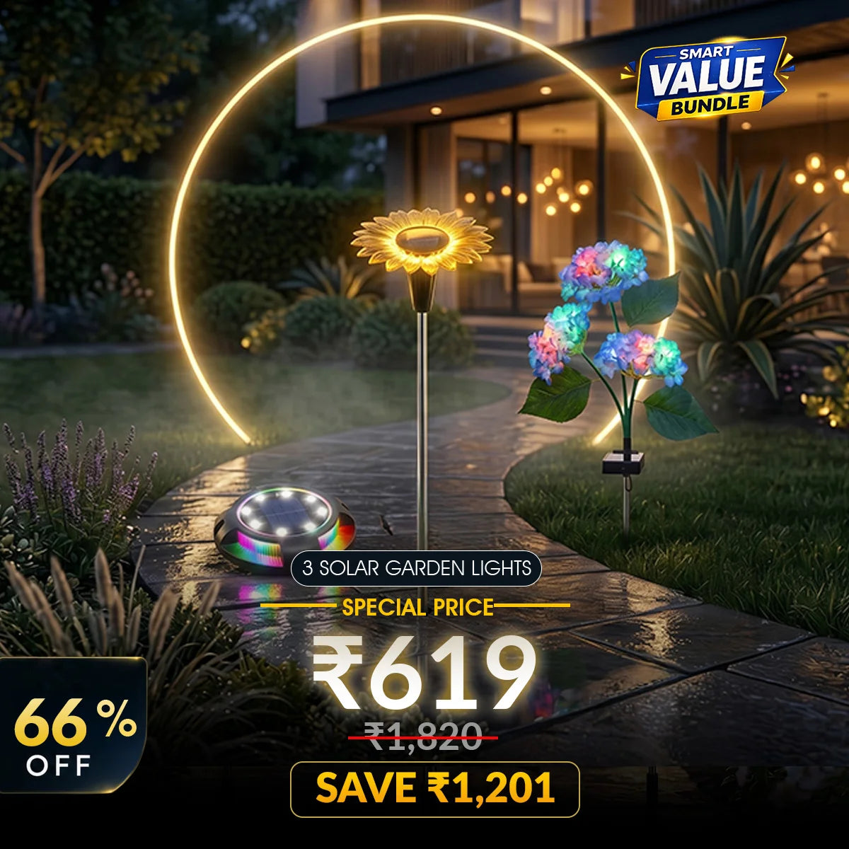 Solar garden lights on a pathway with promotional text and price tag.
