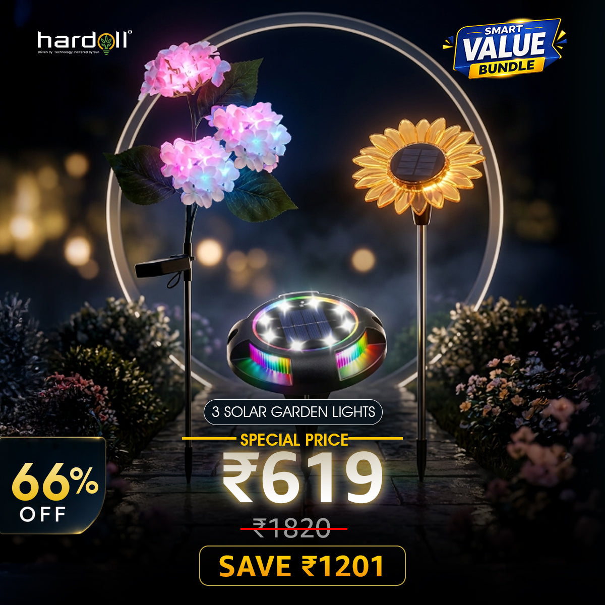 Solar garden lights with decorative flowers and sunflower design, featuring Hardoll branding and promotional text.