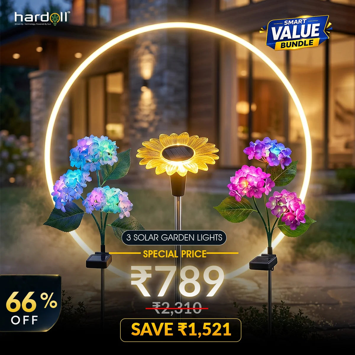 Solar garden lights with a house in the background, featuring a discount offer.