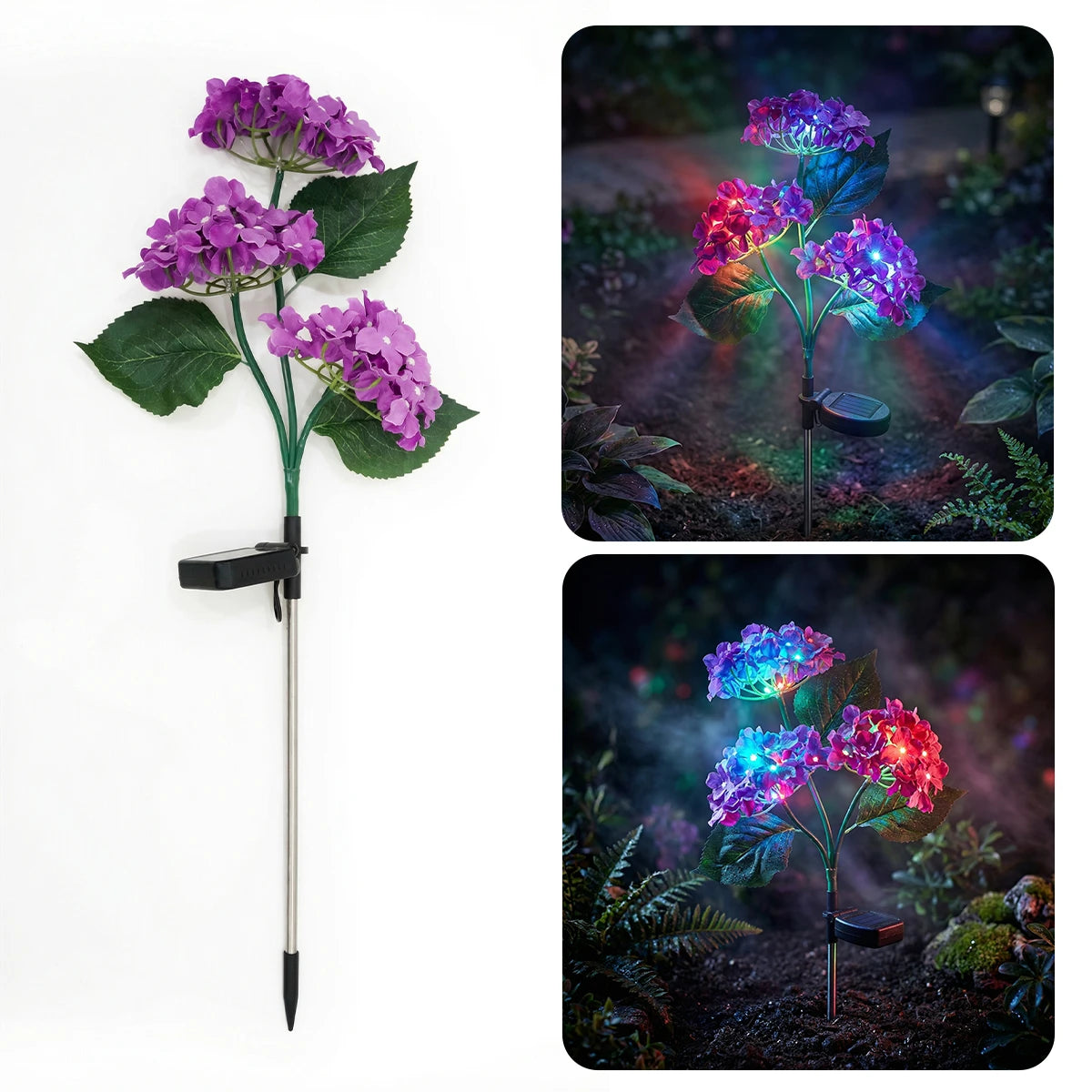 Hardoll Solar Decorative Light Hydrangea Flower Shaped RGB Color LED Waterproof Outdoor Home Garden Yard(Lavender Color)