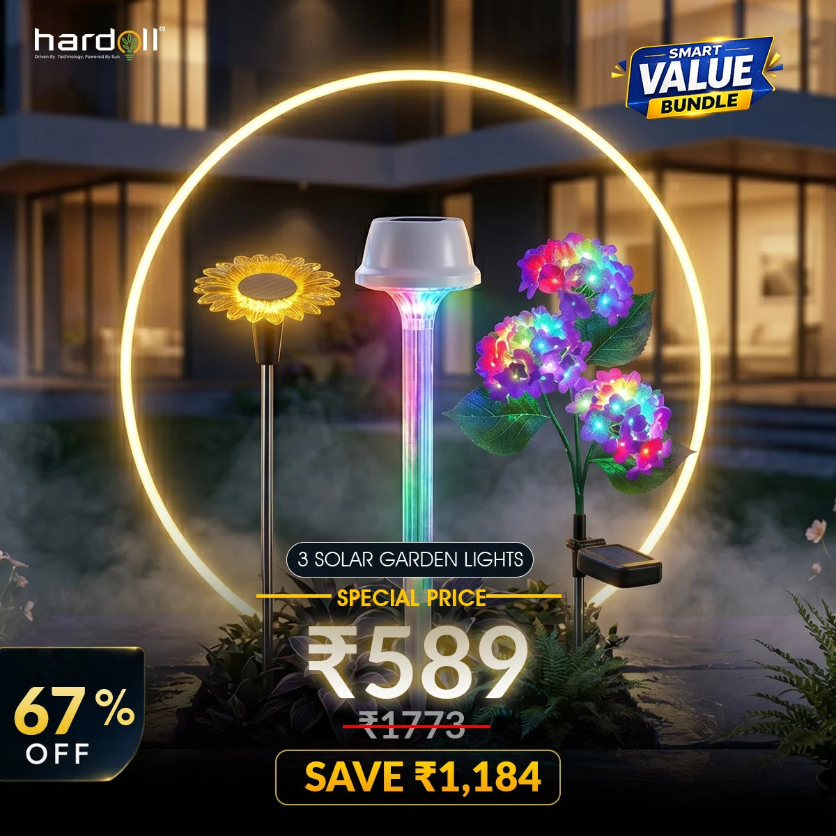 Solar garden lights with a special offer on a blurred outdoor background
