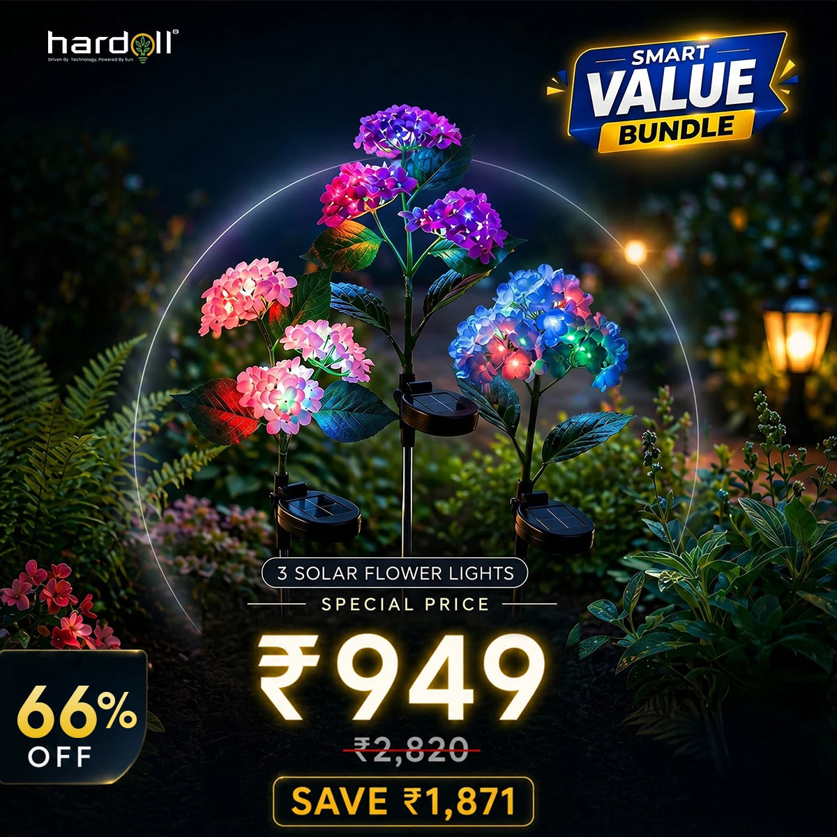 Solar flower lights with a discount offer on a dark background