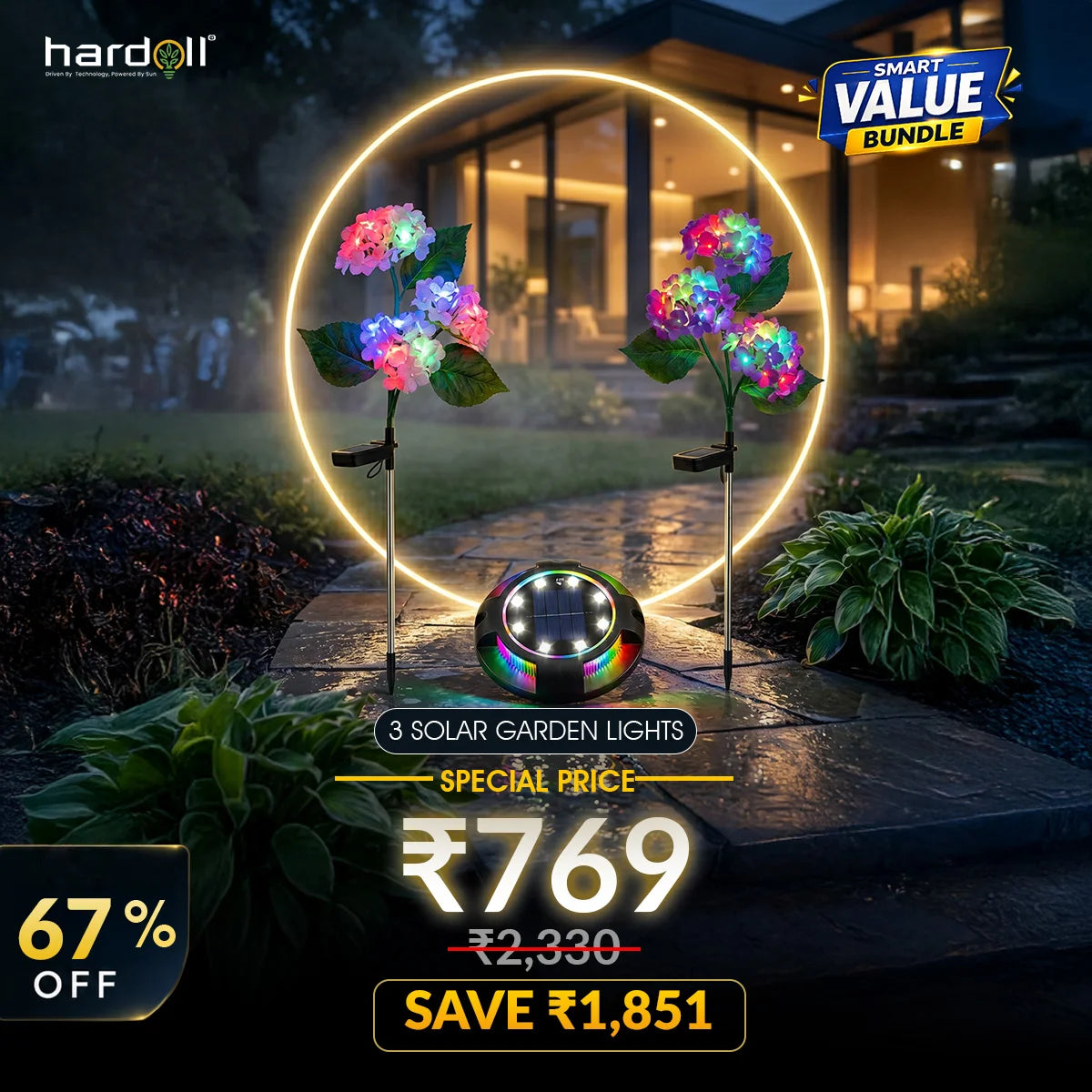 Solar garden lights with a house in the background, promotional text overlay.