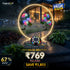 Solar garden lights with a house in the background, promotional text overlay.