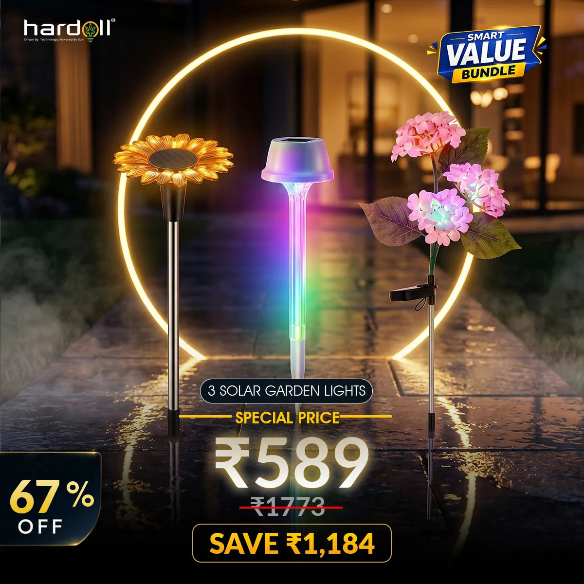 Three solar garden lights with colorful flowers on a wooden deck at night, featuring Hardoll branding and promotional text.