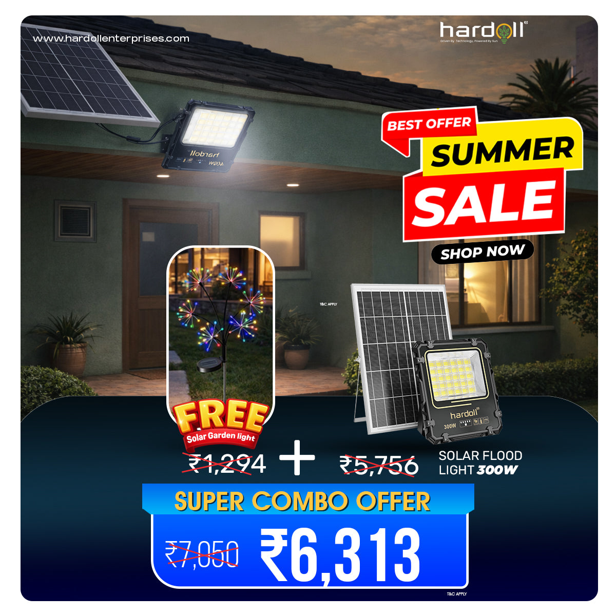 Hardoll Solar Flood Light 300W with Remote Control Cool White Aluminium Body 5M Wire Length Replaceable Battery & Waterproof Solar Outdoor Home Garden Light