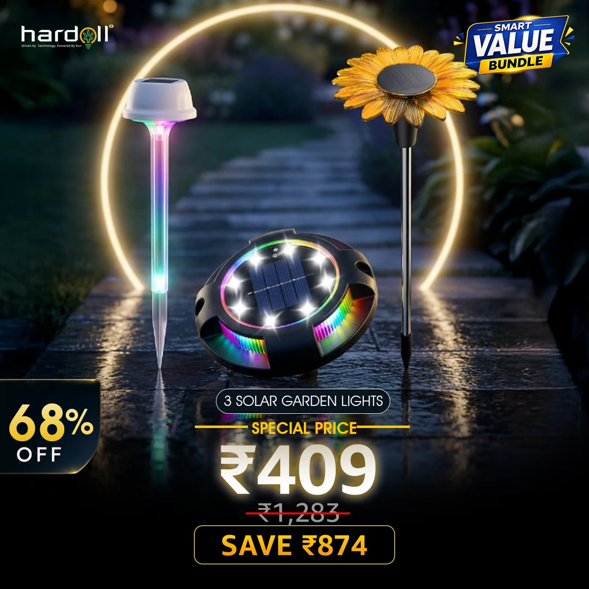 Solar garden lights with promotional text on a dark background
