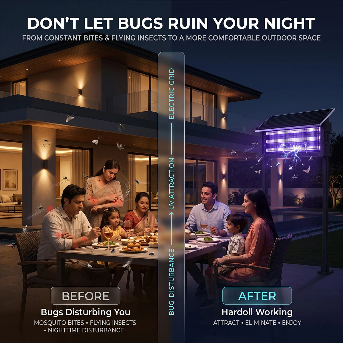 Before-and-after comparison graphic for a hard doll mosquito bug repeller light. The left side shows a family dining at night in a house with a mosquito net, labeled 'BEFORE' and 'Bug Disturbance'.