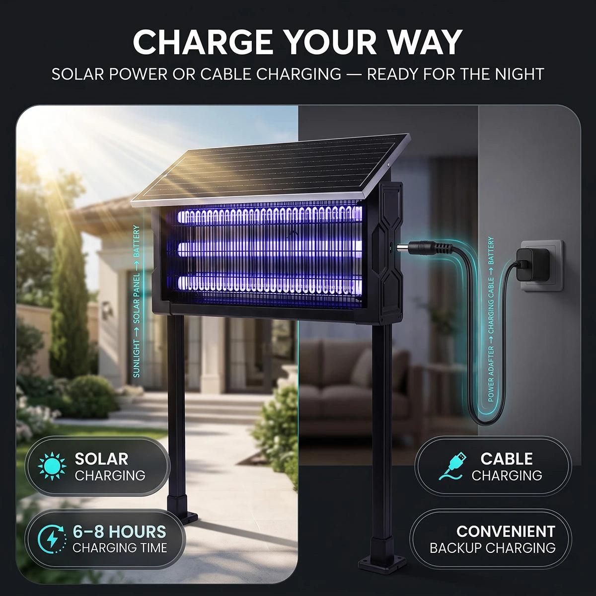 solar mosquito killer lamp charging by both solar power or by cable charging
