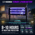 Solar-powered fly trap light with a built-in solar panel and UV light tubes, shown at dusk in front of a house. The graphic includes text highlighting 8-10 hours of nighttime operation, 3.