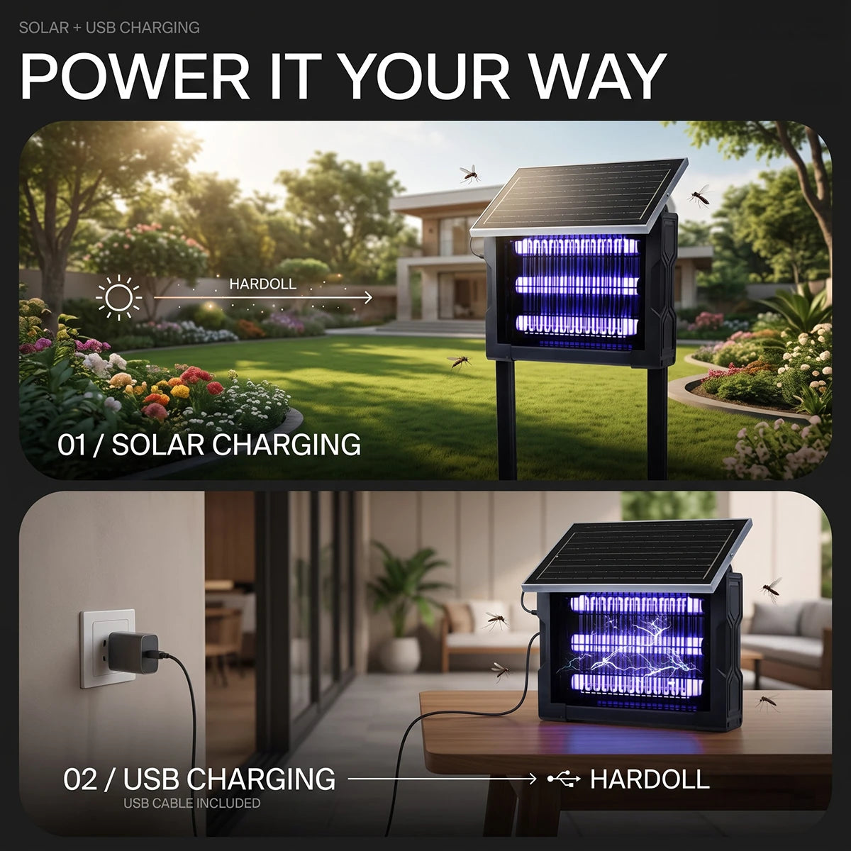 A promotional graphic for a solar-powered mosquito trap light. The top panel shows the device outdoors on a lawn under sunlight, labeled '01 / SOLAR CHARGING'.