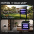 A promotional graphic for a solar-powered mosquito trap light. The top panel shows the device outdoors on a lawn under sunlight, labeled '01 / SOLAR CHARGING'.