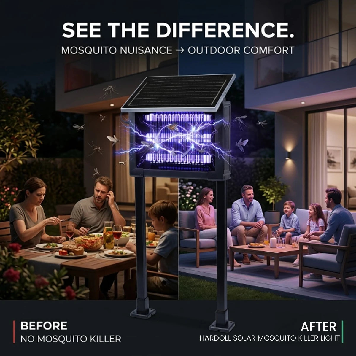 Solar mosquito killer light shown at night in front of a patio dining and living area, with people seated nearby. The product has a black frame and solar panel, glowing with blue-purple light from the insect trap.