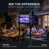 Solar mosquito killer light shown at night in front of a patio dining and living area, with people seated nearby. The product has a black frame and solar panel, glowing with blue-purple light from the insect trap.