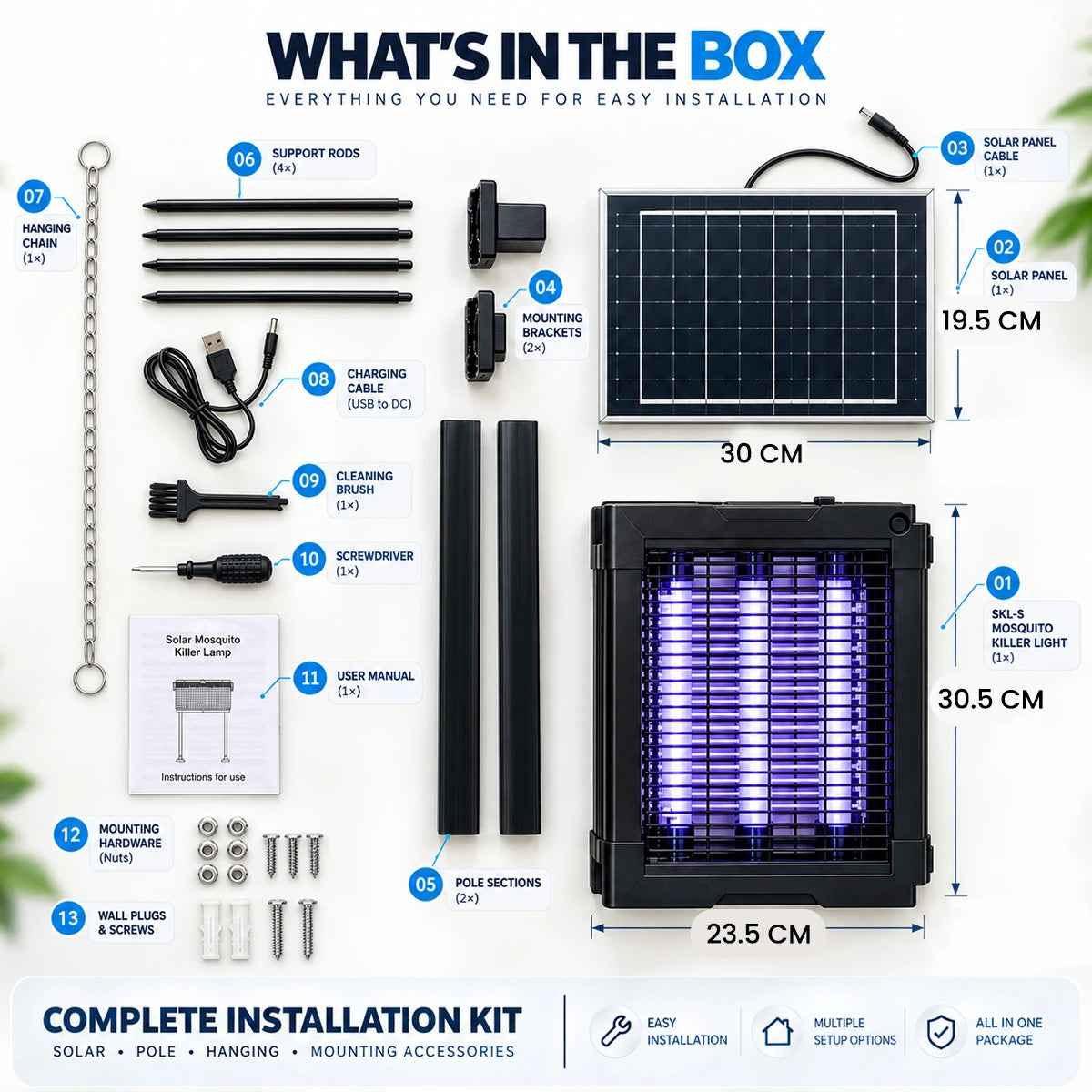 An installation kit laid out on a white background with printed labels and dimensions. The kit includes a solar panel, hanging pole, mounting brackets, pole sections, wall plugs, screws, cable, cleaning brush, screwdriver, hanging clips, and a manual.