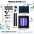 An installation kit laid out on a white background with printed labels and dimensions. The kit includes a solar panel, hanging pole, mounting brackets, pole sections, wall plugs, screws, cable, cleaning brush, screwdriver, hanging clips, and a manual.