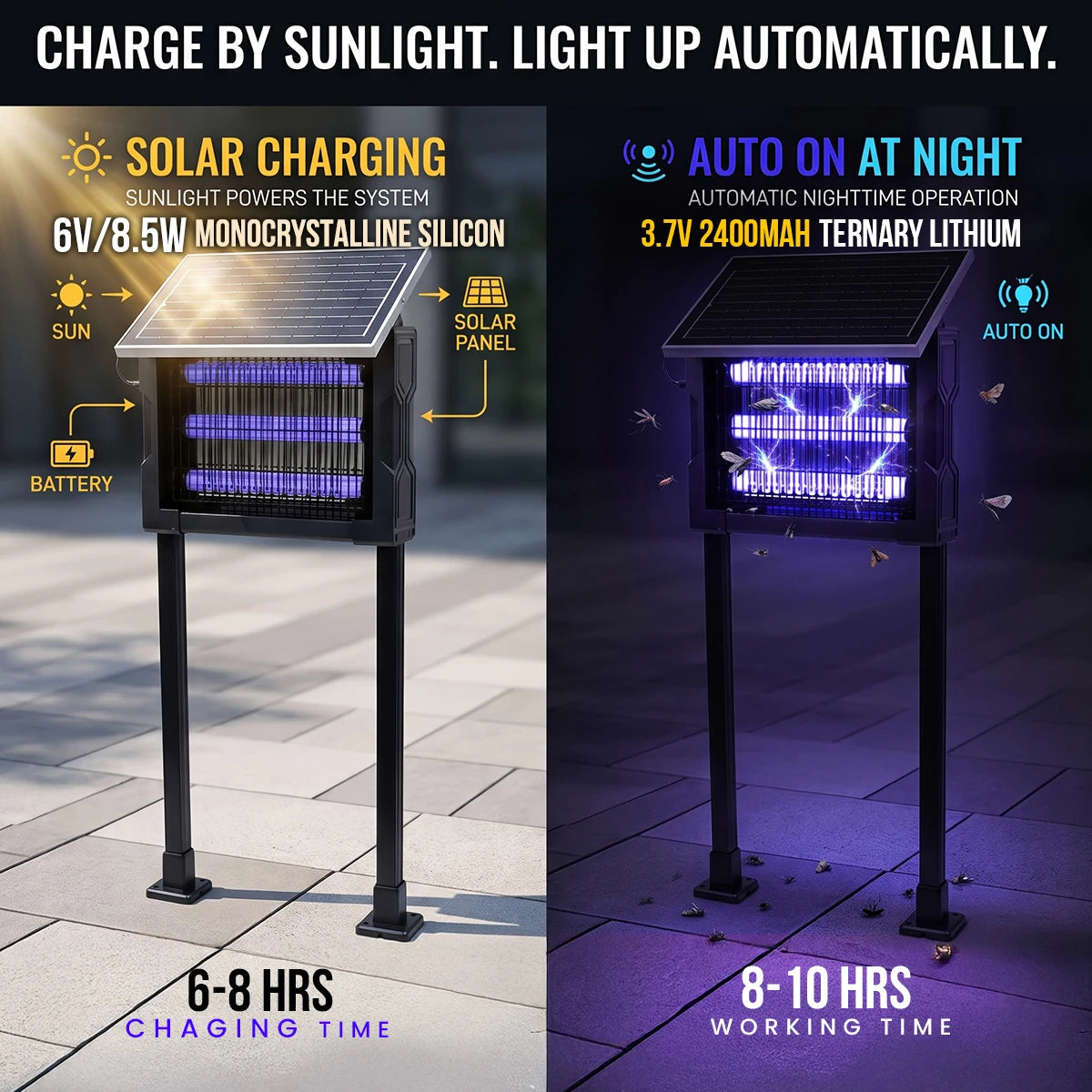 solar mosquito killer light charge by sunlight and lights up automatically