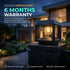Outdoor solar pathway light fixture on a stone post at dusk, with large promotional text reading 'TRUSTED PROTECTION 6 MONTHS WARRANTY' and feature callouts about warranty coverage, quality testing, and after-sales support.