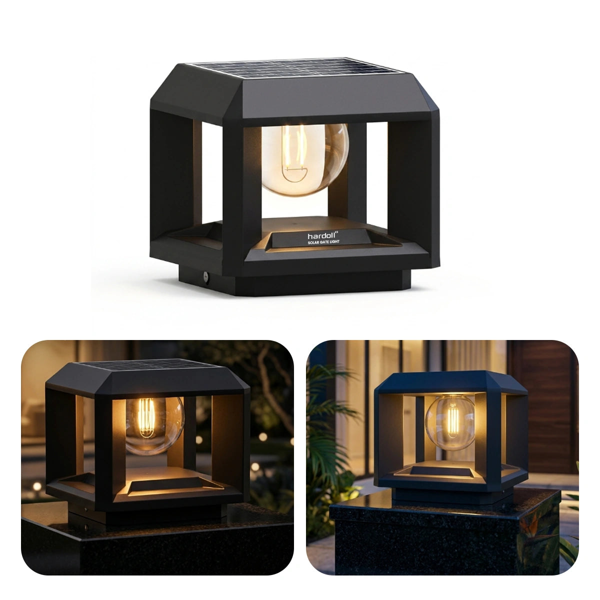 A solar-powered outdoor post cap light fixture shown in three views: a clean white studio shot at the top, and two lifestyle inset photos at the bottom showing it lit in outdoor settings. The fixture has a matte black frame, a clear glass front, and a visible warm-toned Edison bulb inside.