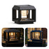 A solar-powered outdoor post cap light fixture shown in three views: a clean white studio shot at the top, and two lifestyle inset photos at the bottom showing it lit in outdoor settings. The fixture has a matte black frame, a clear glass front, and a visible warm-toned Edison bulb inside.
