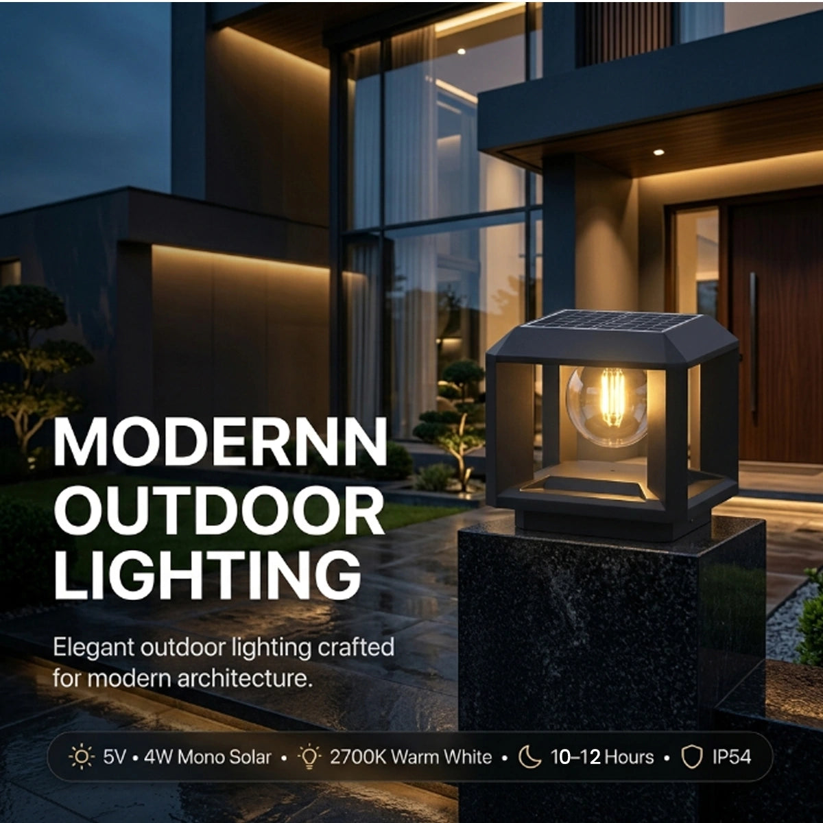 A modern outdoor solar lantern light on a dark stone pedestal in front of a contemporary house at dusk. Large text reads 'MODERNN OUTDOOR LIGHTING' with smaller specs along the bottom.