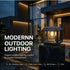 A modern outdoor solar lantern light on a dark stone pedestal in front of a contemporary house at dusk. Large text reads 'MODERNN OUTDOOR LIGHTING' with smaller specs along the bottom.