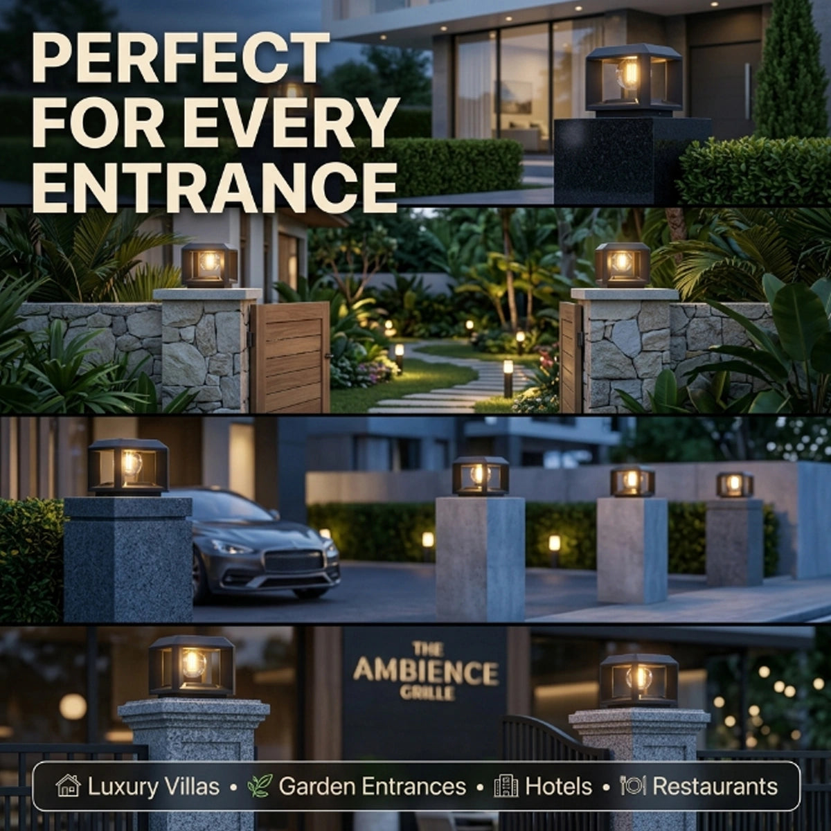A promotional collage showing outdoor lantern-style entrance lights installed at villa gates, garden entrances, and restaurant fronts. Large text reads 'PERFECT FOR EVERY ENTRANCE,' with smaller text listing use cases such as luxury villas, garden entrances, hotels, and restaurants.