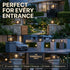 A promotional collage showing outdoor lantern-style entrance lights installed at villa gates, garden entrances, and restaurant fronts. Large text reads 'PERFECT FOR EVERY ENTRANCE,' with smaller text listing use cases such as luxury villas, garden entrances, hotels, and restaurants.