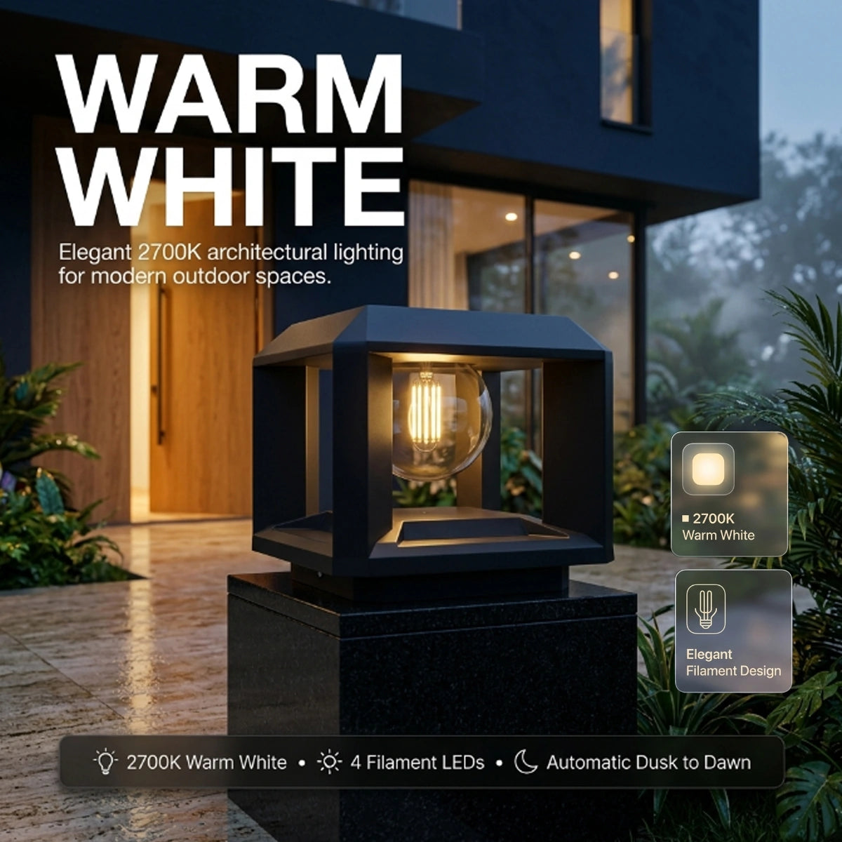 A modern black outdoor bollard light with a warm white illuminated glass bulb, mounted on a dark stone base in front of a contemporary house at dusk. Large text reads 'WARM WHITE' with additional product callouts on the right and bottom.