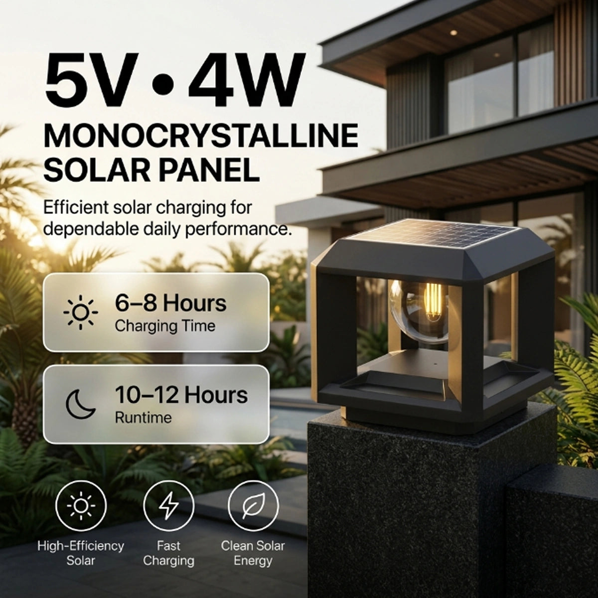 A black monocrystalline solar outdoor light fixture mounted on a stone post, shown beside marketing text and icons for charging time and runtime. The scene includes a house and plants in the background, making this a lifestyle-style promotional image rather than a plain studio product shot.