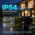Outdoor solar garden light fixture on a stone post in a modern house yard at dusk, with large text reading IP54 WEATHER RESISTANT and feature callouts for rain/moisture resistance and ABS + PC construction.