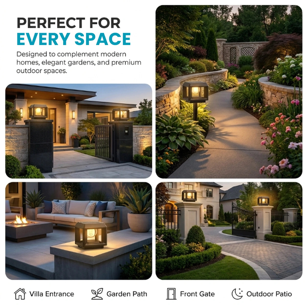 A promotional collage for outdoor landscape lights showing four real-world installation scenes: a villa entrance, garden path, outdoor patio, and front gate. The left panel contains marketing text reading 'PERFECT FOR EVERY SPACE' and icons at the bottom indicating use cases.