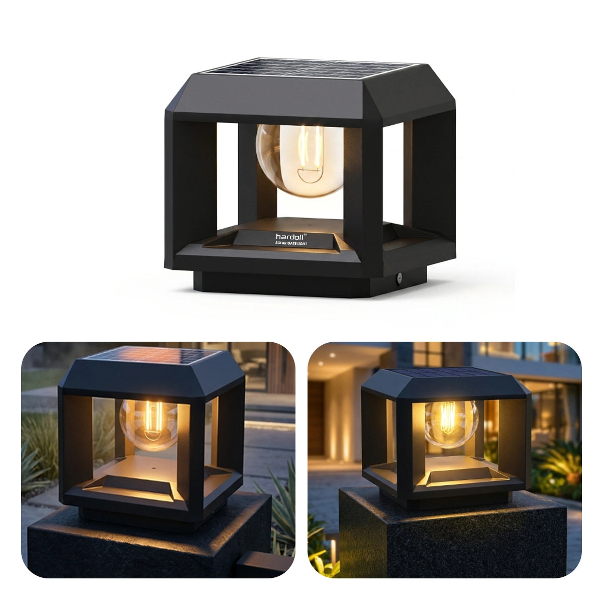 A black solar-powered outdoor post cap light with a warm glowing filament bulb, shown in a clean studio view and two inset lifestyle photos demonstrating its use on a stone pillar at night.