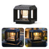 A black solar-powered outdoor post cap light with a warm glowing filament bulb, shown in a clean studio view and two inset lifestyle photos demonstrating its use on a stone pillar at night.