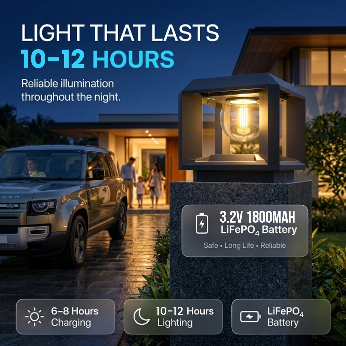 Outdoor solar pathway light fixture shown lit on a stone post at dusk, with a house and parked SUV in the background. Text highlights 10-12 hour lighting, 3.