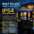 Outdoor solar post light fixture shown at night on a black stone base next to a house, with large text reading 'BUILT TO LAST ABS + PC BODY IP54 WEATHER RESISTANT' and feature callouts.