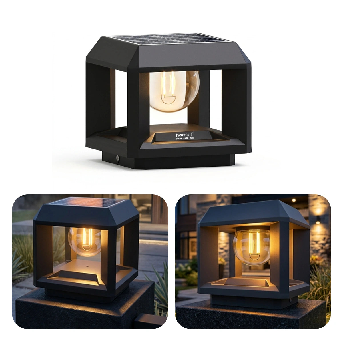 A solar-powered outdoor landscape light shown in a clean studio view and two smaller in-use outdoor views. The fixture is matte black with a warm glowing bulb inside and a small visible 'handful' brand mark on the front.