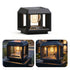 A solar-powered outdoor landscape light shown in a clean studio view and two smaller in-use outdoor views. The fixture is matte black with a warm glowing bulb inside and a small visible 'handful' brand mark on the front.