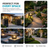 A promotional collage for outdoor landscape lights showing four real-world installation scenes: a villa entrance, garden path, outdoor patio, and front gate. The left panel contains marketing text reading 'PERFECT FOR EVERY SPACE' and icons at the bottom indicating use cases.