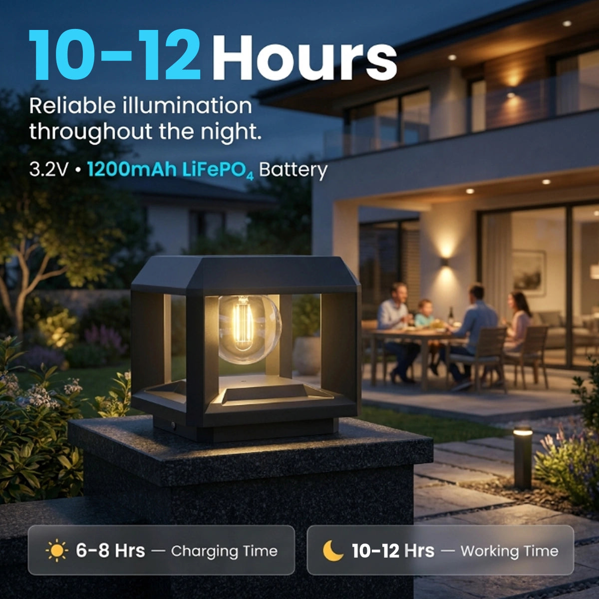 A modern outdoor solar light fixture with a black metal frame and clear glass shade, glowing with a warm light, set on a stone pedestal in a backyard patio scene at dusk. Text overlays highlight its 10-12 hour working time and 6-8 hour charging time.