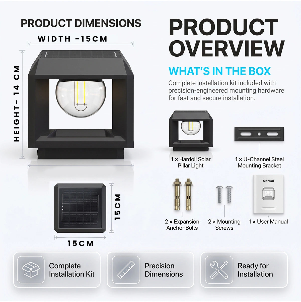 Solar gate and pillar light product dimensions