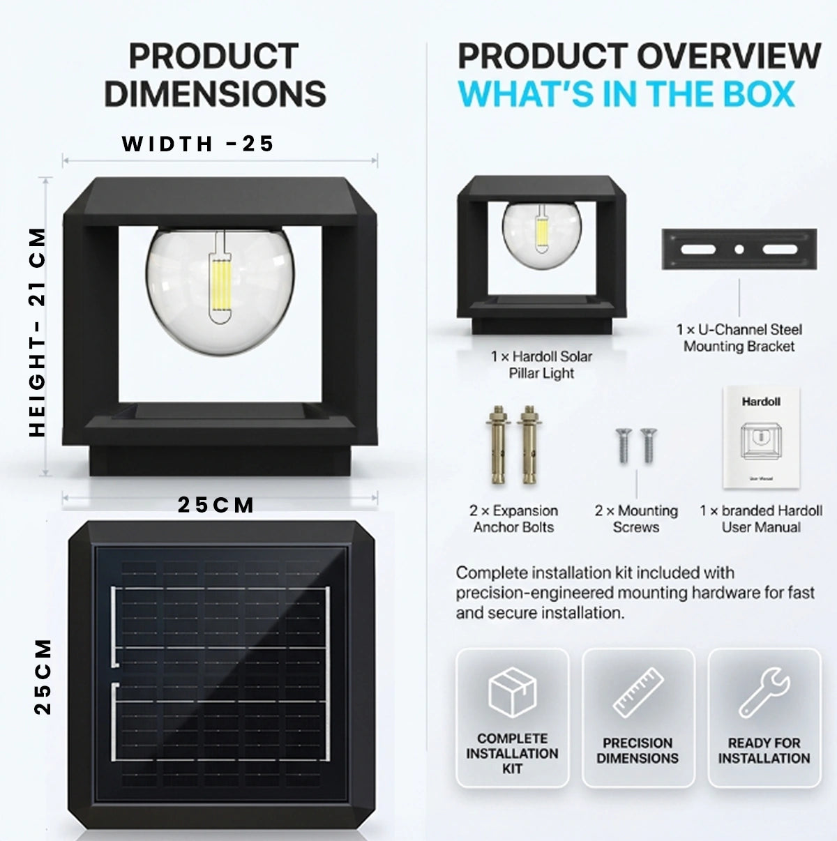 Hardoll Solar Pillar Light Outdoor Waterproof | Solar Gate Light with 3000mAh LiFePO4 Battery, Auto On/Off, Mono Solar Panel for Home, Garden, Fence, Terrace & Compound Wall (Large)