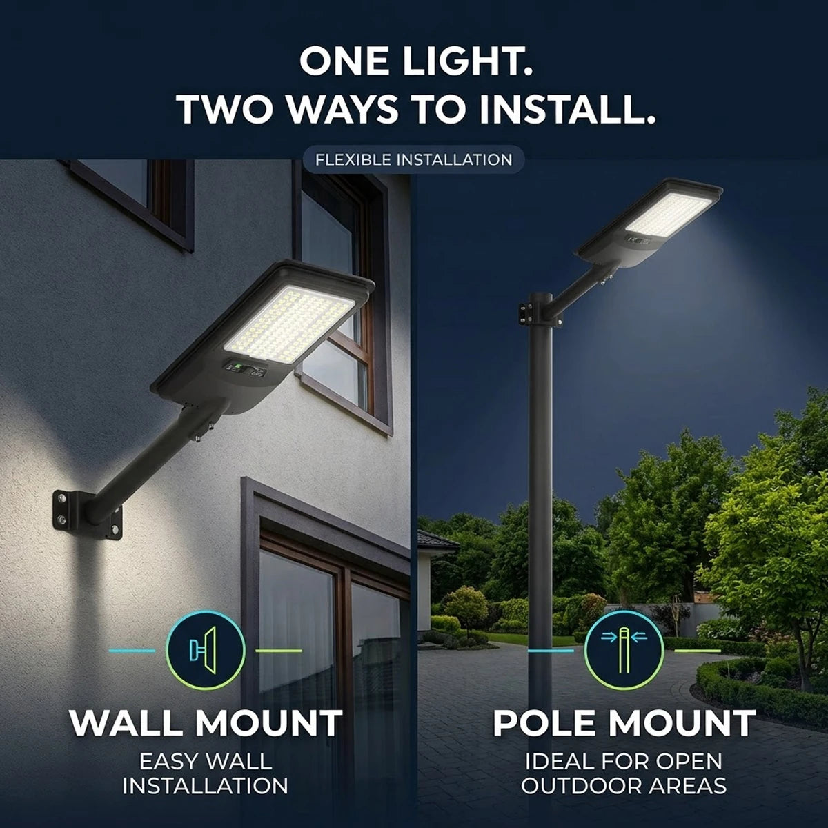Promotional graphic for an outdoor LED wall and pole light showing two installation options: wall mount on a house exterior and pole mount in a yard at night. Text reads 'ONE LIGHT.