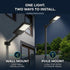 Promotional graphic for an outdoor LED wall and pole light showing two installation options: wall mount on a house exterior and pole mount in a yard at night. Text reads 'ONE LIGHT.